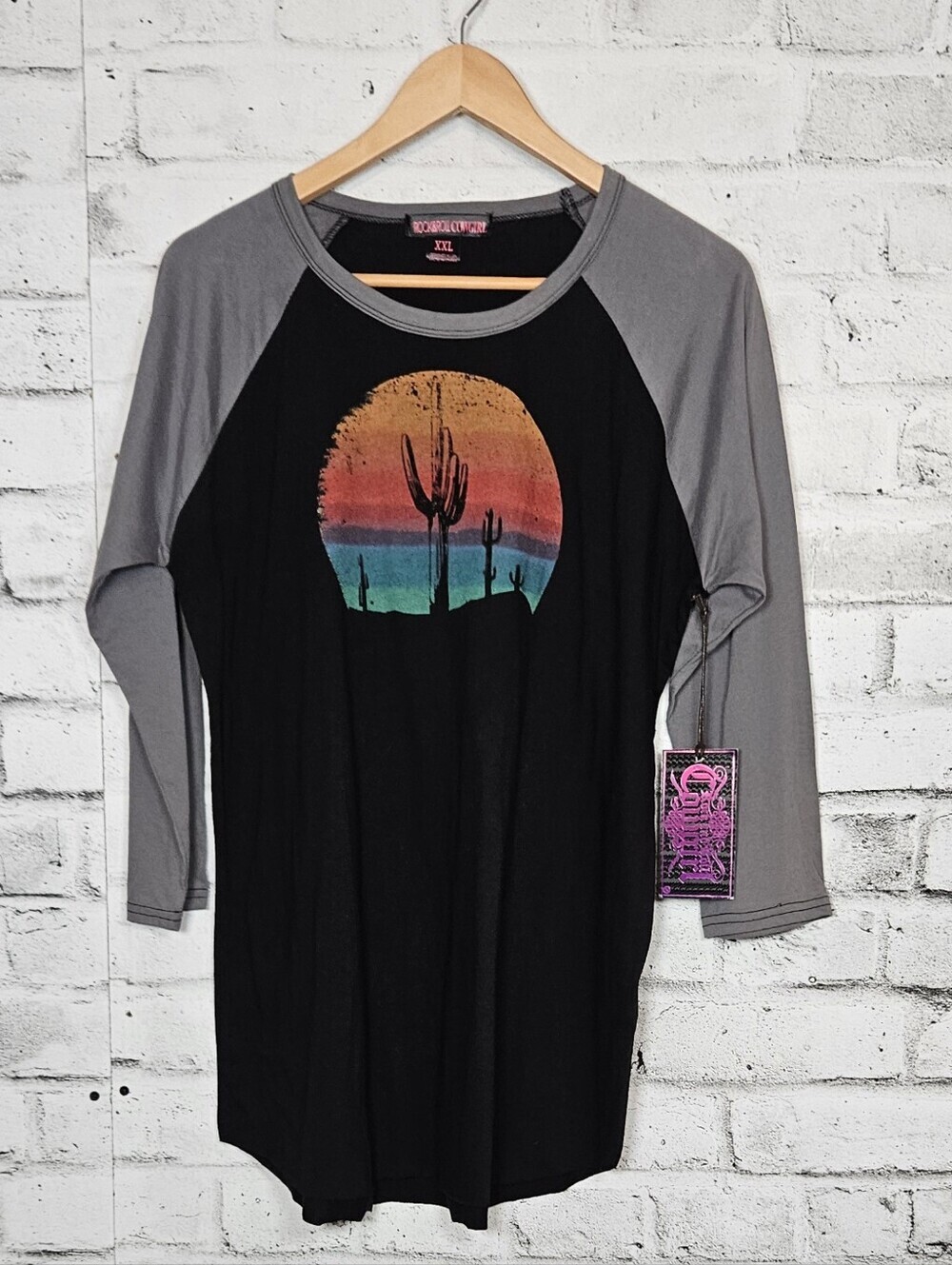 Rock and Roll Cowgirl Cactus Sunset Raglan Graphic Tee XXL NWT Western